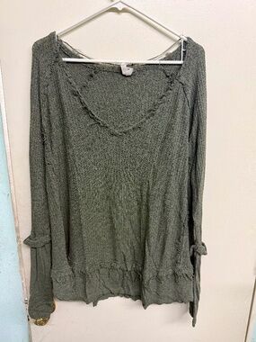 Free People Olive Green Distressed Long Sleeve Top | Oversized Tunic Shirt